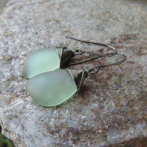 Cobalt Blue sea glass earrings wire wrapped with hematite colored wire